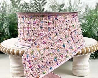 Farrisilk Confetti Tweed Ribbon - Luxury Sequin Pink Designer Ribbon for Festive Decorations and Couture Creations