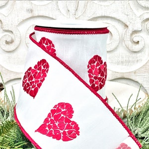 Valentine Embroidered Hearts Ribbon, Red and White Hearts Ribbon, 2.5” Wired Ribbon, Valentine Ribbon, Red and White Ribbon,