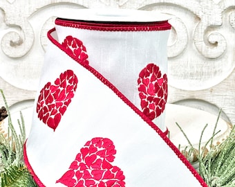 Valentine Embroidered Hearts Ribbon, Red and White Hearts Ribbon, 2.5” Wired Ribbon, Valentine Ribbon, Red and White Ribbon,