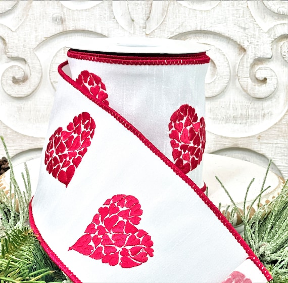 Valentine Embroidered Hearts Ribbon, Red and White Hearts Ribbon, 2.5 Wired  Ribbon, Valentine Ribbon, Red and White Ribbon, 