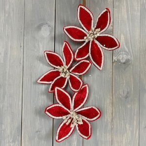 Red Jewel Trimmed Velvet Triple Poinsettia Stem, Red Velvet Poinsettia Spray, Christmas Floral Stem, Jewel Trimmed Poinsettia Spray