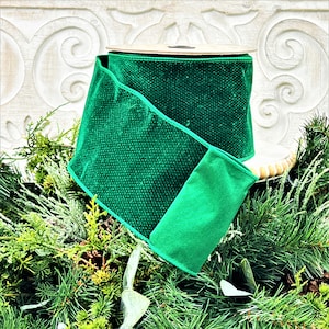 D Stevens Green Velvet Ribbon, Emerald Green Ribbon, Velvet Dot Ribbon, Green Christmas Ribbon, 4&quot; Wired Velvet Ribbon