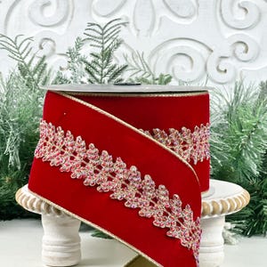 Farrisilk Verzauberte Rebe Jeweled Rotes Samtband - Luxuriöse Verdrahtete Rote Weihnachtsdekoration