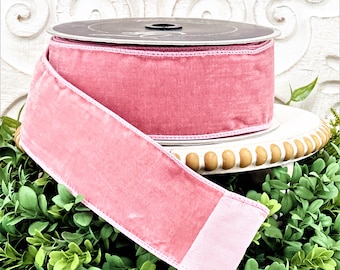 Farrisilk Pink Velvet Ribbon, Rose Pink Velvet Ribbon, Wired Velvet Ribbon, Pink Floral Ribbon,  Wreath Making Supply, Pink Wedding