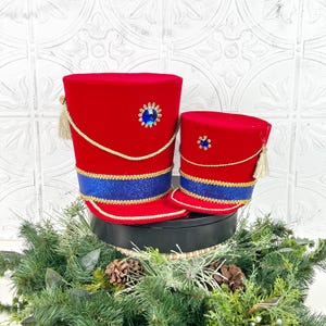 Red Velvet Nutcracker Hat Tree Topper with Blue Glitter Band & Gold Trim, Nutcracker Hat for Wreath, Nutcracker Decor, Red Nutcracker Hat