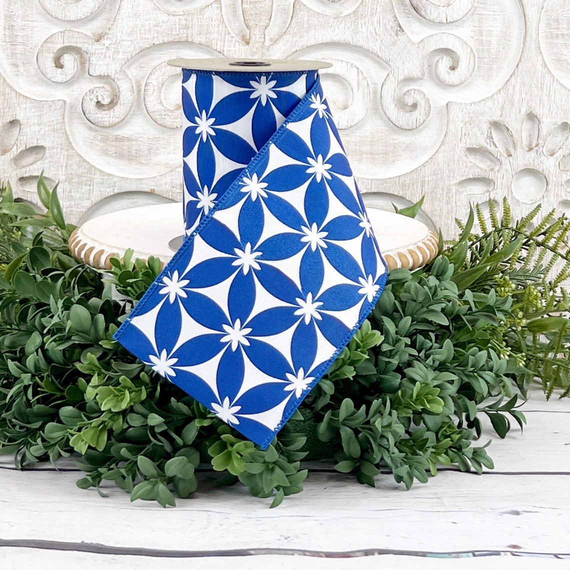 Flowred Ribbon Blue and White Ribbon, Blue and White Flowered Ribbon, Royal Blue ...