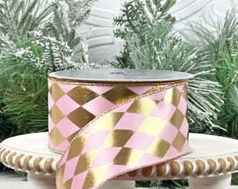 Farrisilk Pink & Gold Harlequin Ribbon, Designer Holiday Trim, Luxury Wedding Decor