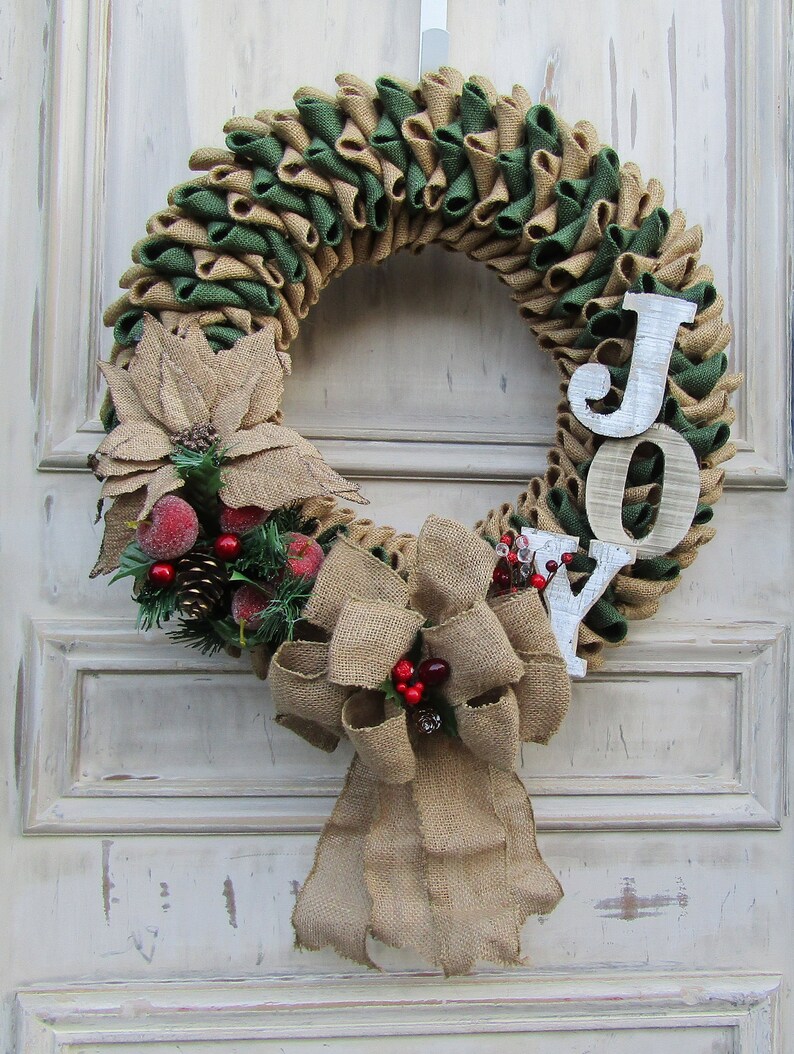 Sparkling Red Berries Glittering Poinsettia Christmas Joy Hunter Green Burlap Wreath with Frosted Pears and Apples and Large Burlap Bow