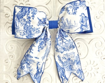 XL Toile Wreath Bow, D Stevens Canvas Toile Bow, XL Fabric Bow, Jumbo Bow, Wedding Decor, Blue and White Toile Bow, Easter Basket Bow,