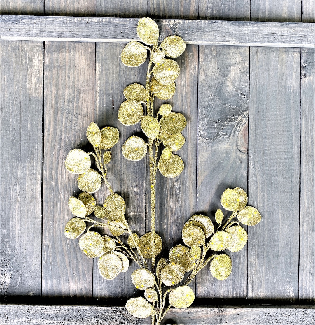 Gold Lunaria Leaf Spray, Glitter Lunaria Leaf Stem, Gold Floral Spray