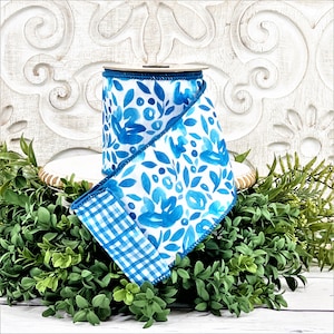 D Stevens Blue Floral Ribbon, Watercolor Roses with Plaid Back, 2.5 or 4 Inch Wired Designer Ribbon, Double Sided, 10 Yard Roll