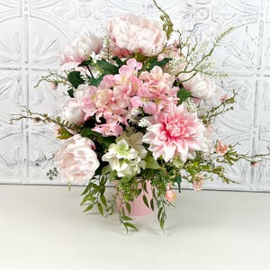 Blush Pink Floral Centerpiece, Faux Peony, Hydrangea, and Dahlia Arrangement for Romantic Spring Table or Home Decor, Elegant Spring Decor