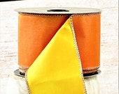 Orange Ribbon for Fall, Yellow Wired Ribbon, Halloween Ribbon, Designer Ribbon, Two Sided Ribbon, D Stevens Orange Taffeta Ribbon,