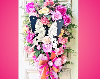 Large Butterfly Wreath for Front Door, Large Door Swag, Summer Swag, Butterfly Door Swag Wreath, Pink Floral Wreath, Large Door Swag,