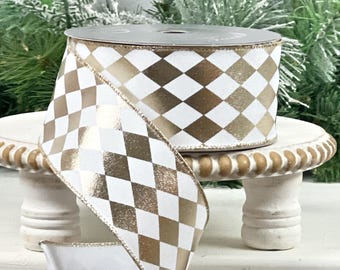 Farrisilk Foil Jester Diamond Ribbon, Platinum Gold Designer Trim, Luxury Holiday Decor