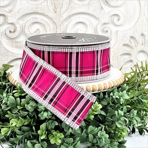 Pink Plaid Ribbon, Pink Tartan Ribbon, Rhinestone Ribbon, Pink Jeweled ...