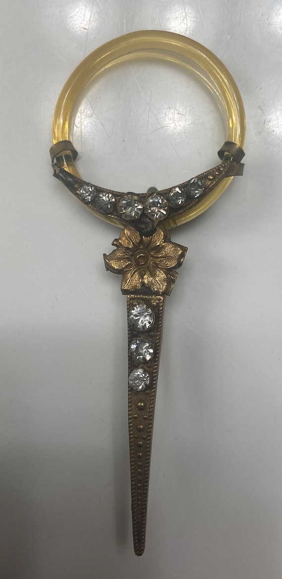 Antique brass glass and rhinestone cloak pin