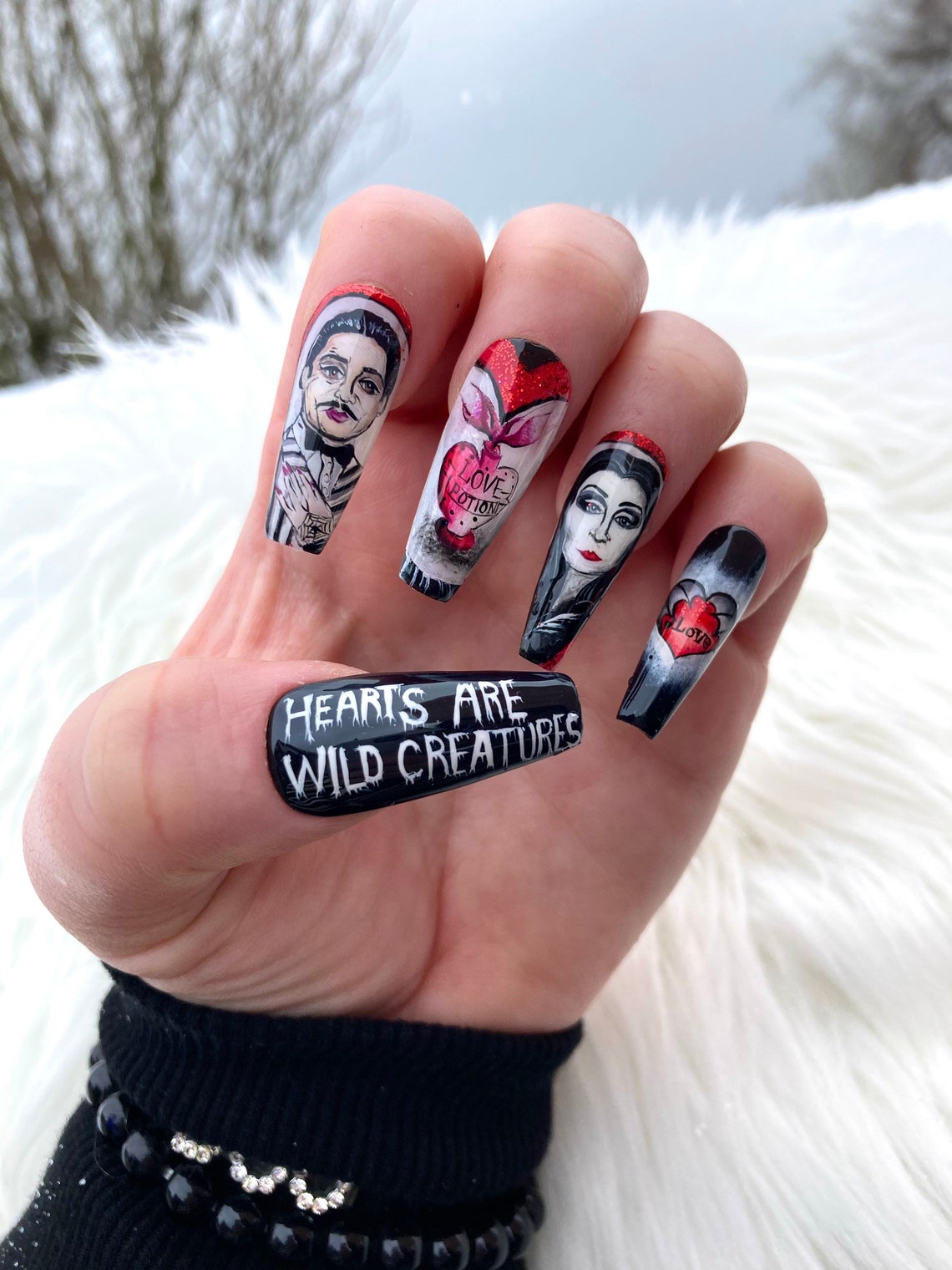 Stiletto black nail set Press on morticia love Nails False Etsy