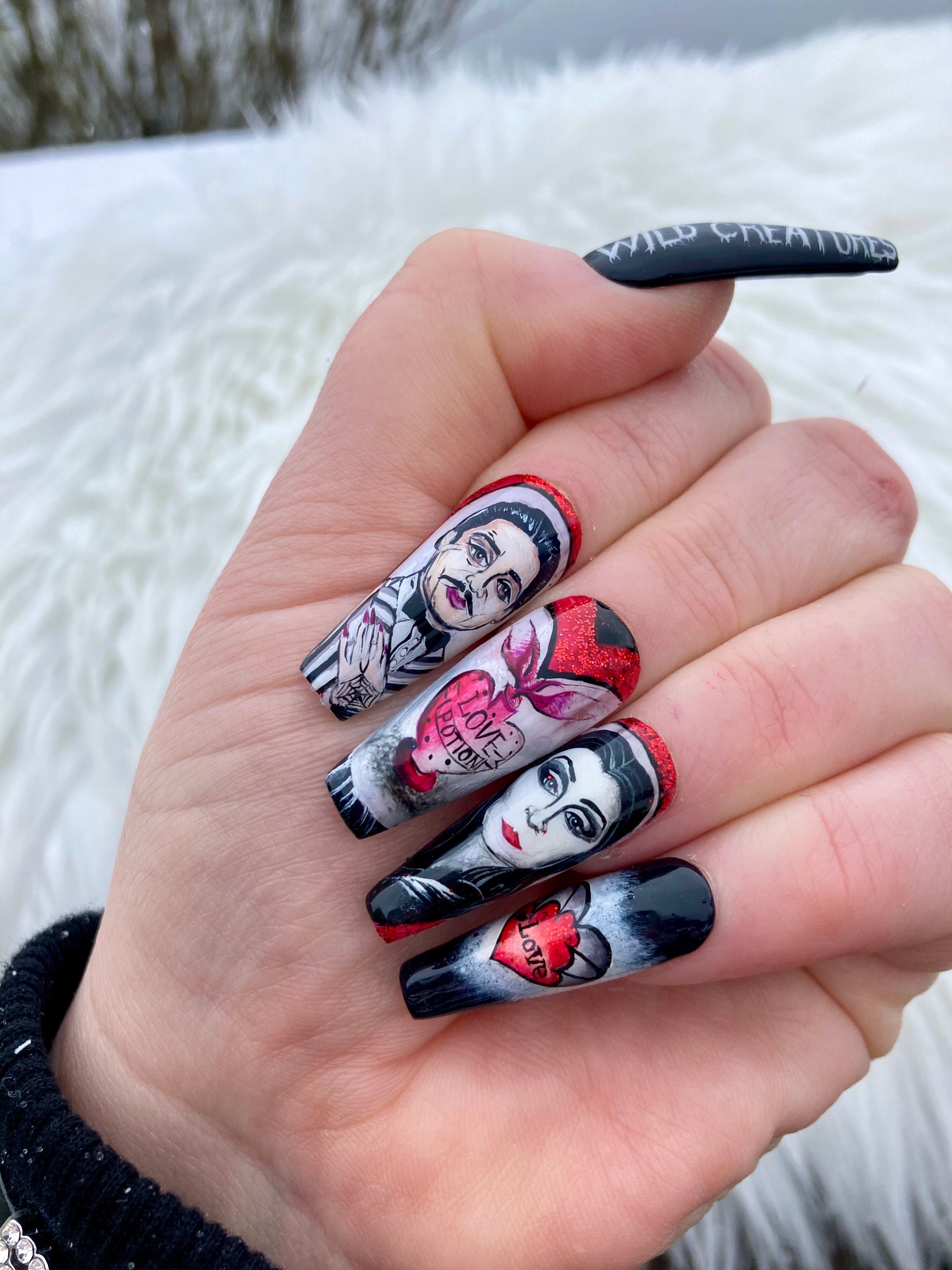 Stiletto black nail set Press on morticia love Nails False Etsy