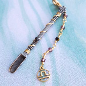 Mini spoon pendant jewelry with Libra charm with black and purple beads, Libra charm mini spoon pendant, Libra shovel with black and purple