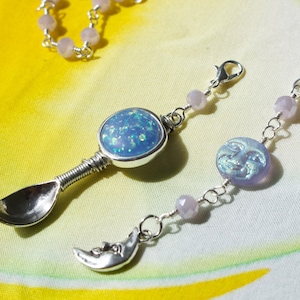 Blue crystal mini spoon pendant necklace with moon charms, purple and silver moon necklace with mini spoon pendant, purple beaded necklace