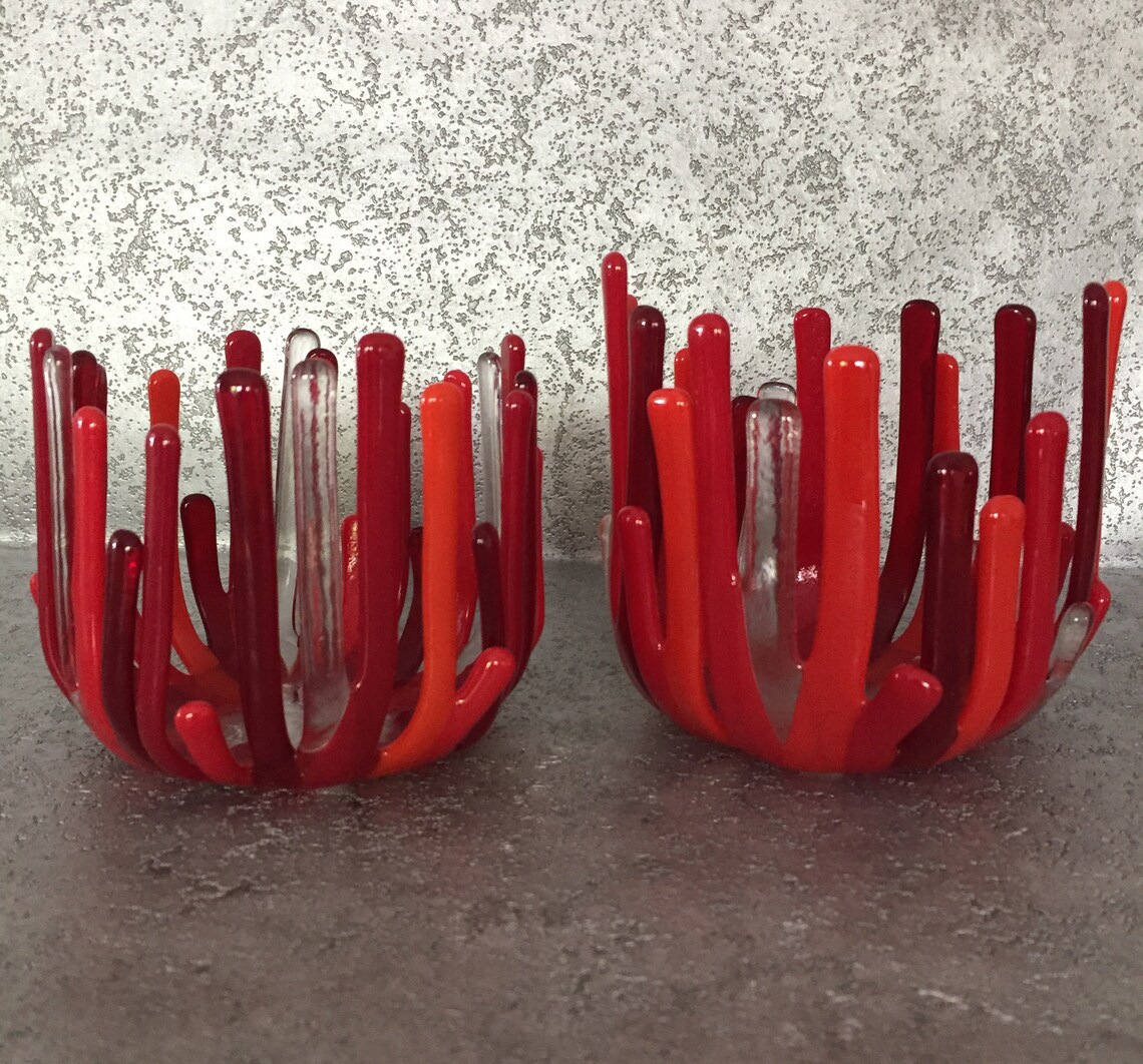 Large Red Fused Glass Candle Holders Handmade Contemporary Etsy