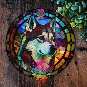Husky sign, Metal dog plaque, Wreath signs, Faux Stained Glass, Front door wreath