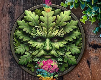 May include: A green man's face surrounded by leaves, a nature-inspired design with a rustic wooden background.