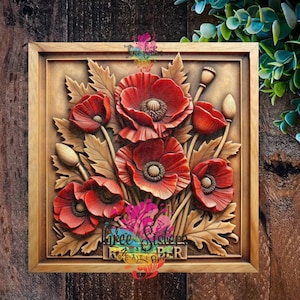 May include: A wooden wall art piece featuring a carved design of red poppies with green leaves. The piece is framed in a light brown wood frame and has the text "Three Sisters" and "Kreating" on the bottom.
