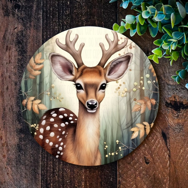 Enseigne ronde rustique en métal avec un beau motif de cerf : idéale pour les couronnes de Noël et les décorations d'hiver élégantes