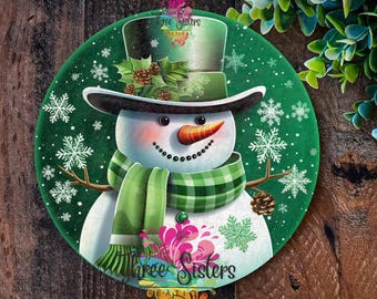 Emerald Green Snowman Christmas Wreath Sign: Holiday Wall Plaque