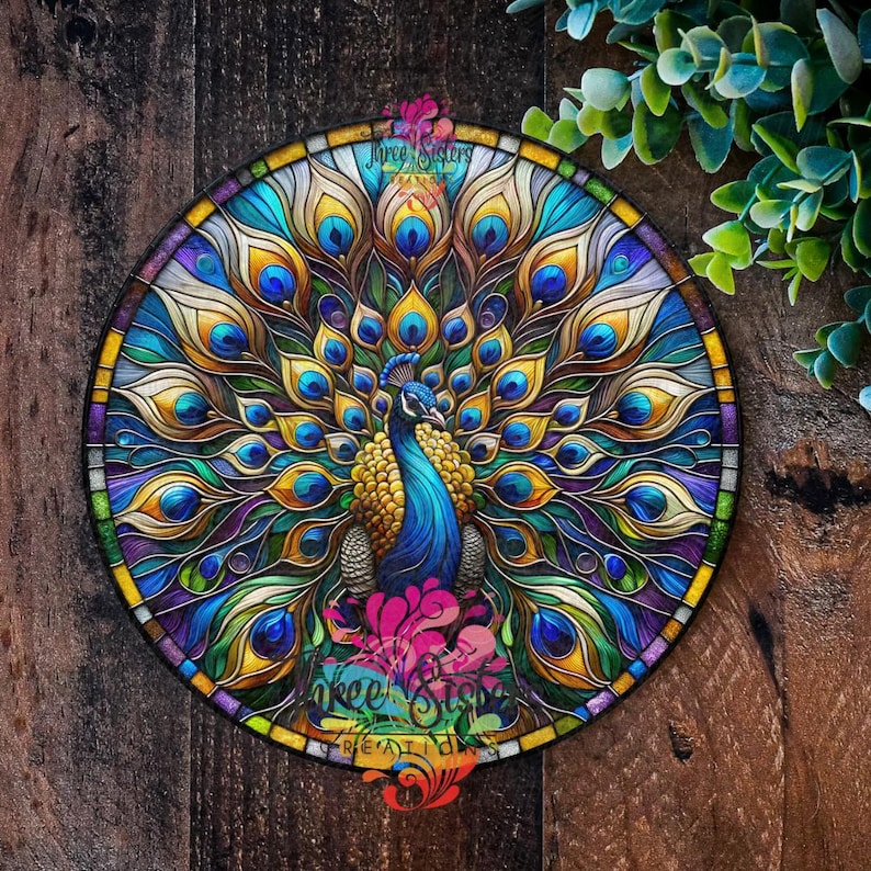 A circular metal stained glass style illustration of a peacock with its tail feathers spread out. The peacock is blue, green, and gold. The background is a dark wood.