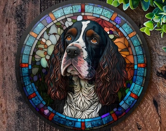 Spaniel sign, Metal dog plaque, Wreath signs, Faux Stained Glass, Front door wreath