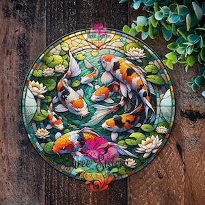 Koi fish Sign Garden Décor Garden Ornament, FAUX stained glass Garden Art, Japanese garden decorations, outdoor metal plaque