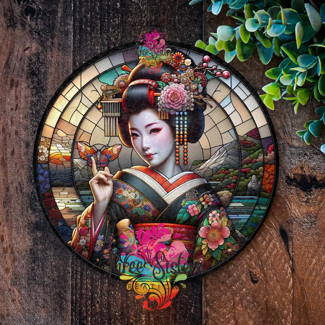 Geisha Girl Metal Sign: Faux Stained Glass, Asian Garden Decor - Etsy