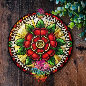 Red Rose Of Lancashire sign, Lancashire plaque, Faux stained glass garden decoration