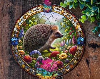 Letrero de erizo para jardín, con vitrales falsos, decoración de exteriores y adornos de jardín, arte de pared de metal colgante.