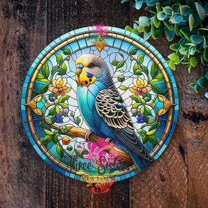 Budgie Gift, Blue Budgie sign, Faux Stained Glass Style Metal plaque, Round  Parakeet Wall Art for Home Décor, gifts for Bird Lovers