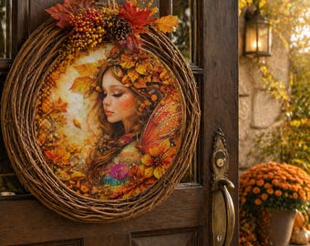 Letrero de corona de hadas de otoño, decoración de jardín de hadas del bosque, placa de hojalata para puerta de otoño, arte de pared Fairycore, regalo de jardín de temporada