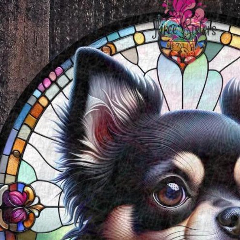 May include: A close-up of a black and white chihuahua's face with a stained glass background. The dog's eye is in focus and the stained glass is blurred.