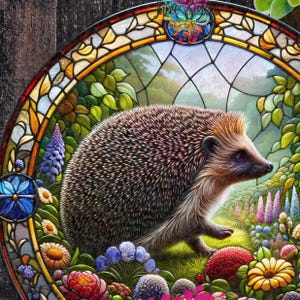 May include: A stained glass window design featuring a hedgehog surrounded by colorful flowers. The hedgehog is brown and has a white belly. The flowers are in shades of pink, purple, yellow, and blue.