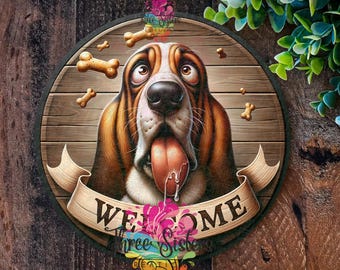 Letrero metálico de bienvenida con un divertido Basset Hound: decoración divertida para amantes de los perros