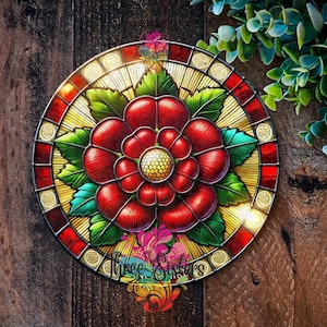 Red Rose Of Lancashire sign, Lancashire plaque, Faux stained glass garden decoration