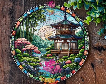 Japanische Garten Pagode Metallschild, Orientalischer Zen Tempel Wandkunst