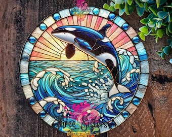 Orca Whale Plaque, Glasmalerei-Metallwandkunst, Garten-Dekor-Zeichen