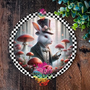 May include: A white rabbit wearing a top hat and waistcoat stands in a woodland setting with red and white mushrooms. The rabbit is holding a pocket watch. The background is a black and white chequered pattern.