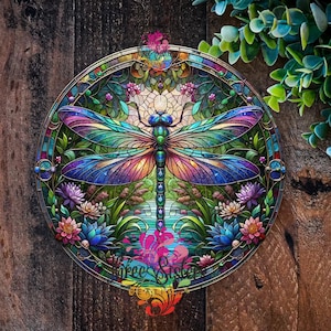 Dragonfly Metal Sign: Stained Glass Style, Garden Wall Art