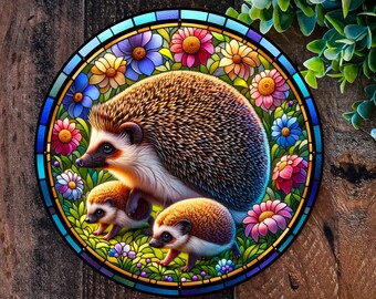 Hedgehog, Mother Hedgehog and Hoglets, Hedgehog Gifts, Faux Stained glass Hedgehog plaque, Metal Hedgehog decoration, Garden Art