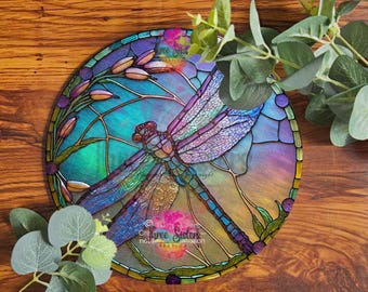 Dragonfly Metal Sign, Faux Stained Glass Garden Wall Decor Gift
