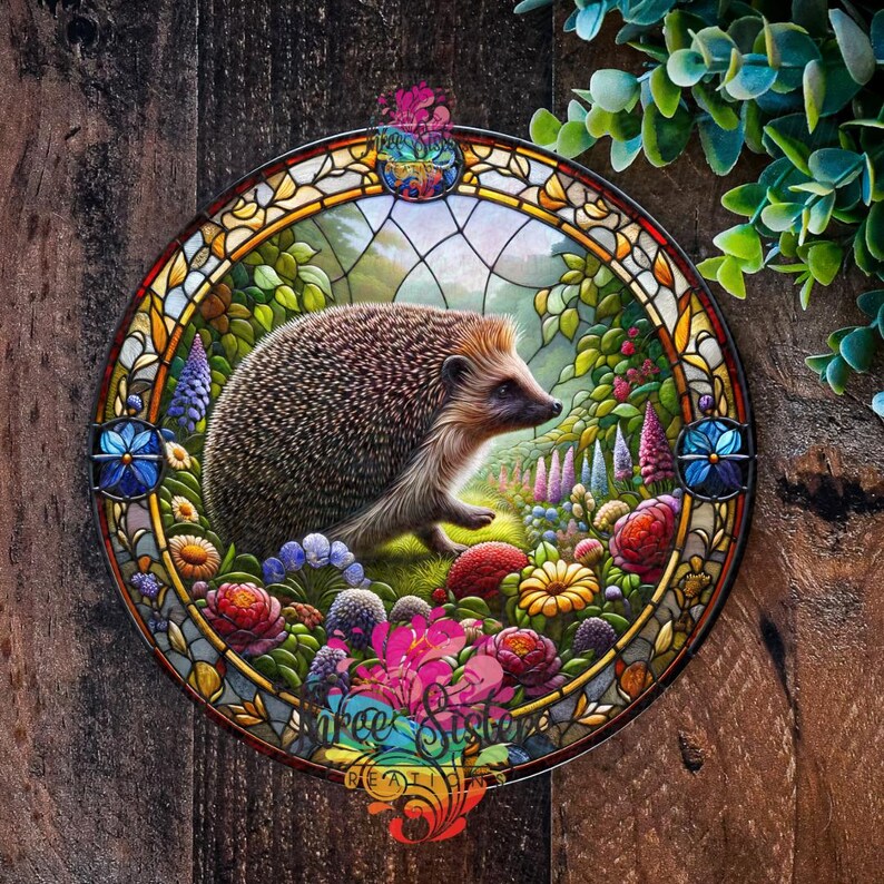 May include: A stained glass round design featuring a hedgehog in a garden setting. The hedgehog is brown and black with a light brown nose and is surrounded by colorful flowers and leaves. The stained glass design is framed in a black metal frame.